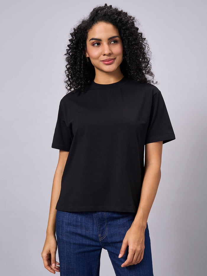 Women's Cotton Elastane Regular Fit T-shirt Black