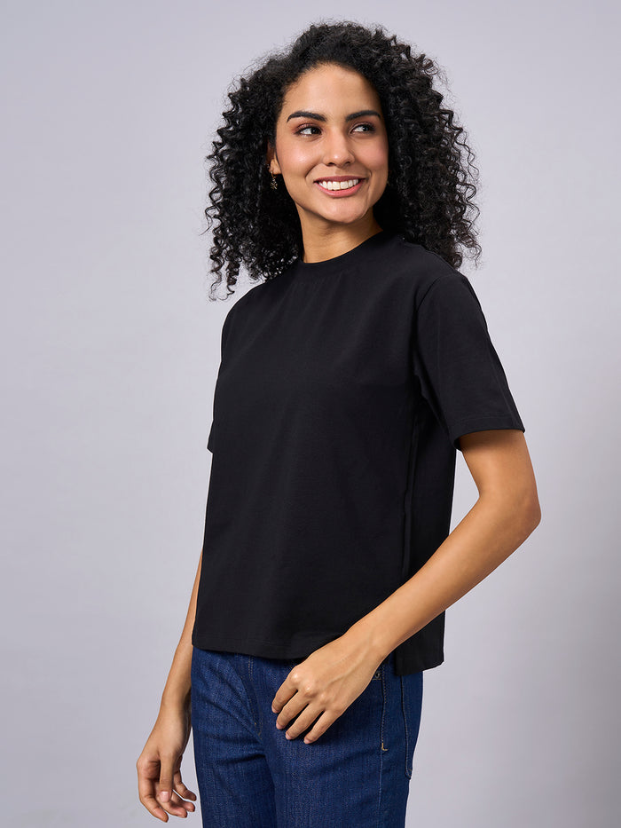 Women's Cotton Elastane Regular Fit T-shirt Black