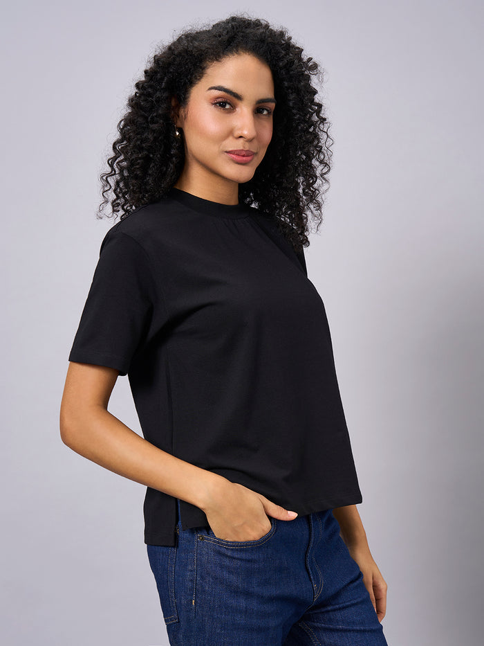 Women's Cotton Elastane Regular Fit T-shirt Black