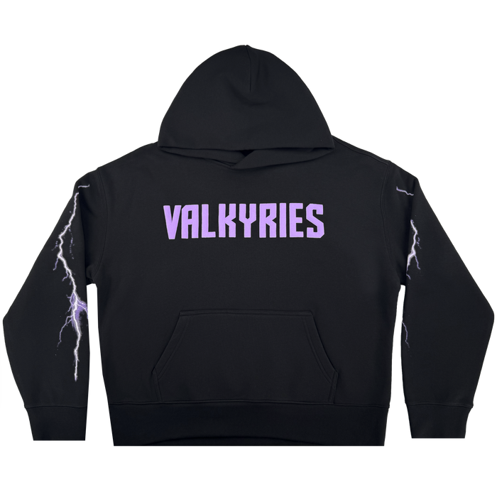 The GSV Women's Golden State Valkyries Violet Lightning Hoodie is a black pullover with "VALKYRIES" in bold, light purple letters on the upper back and white lightning bolts on both sleeves, celebrating the Golden State Valkyries.