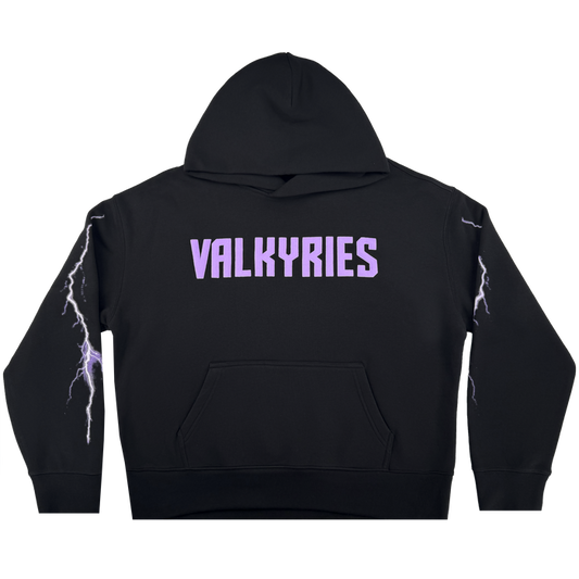 The GSV Women's Golden State Valkyries Violet Lightning Hoodie is a black pullover with "VALKYRIES" in bold, light purple letters on the upper back and white lightning bolts on both sleeves, celebrating the Golden State Valkyries.