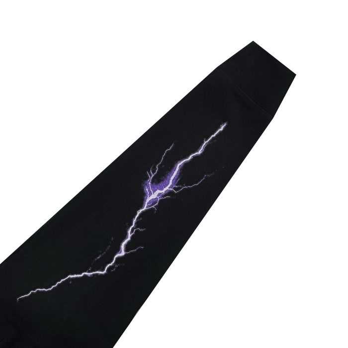 The GSV Women's Golden State Valkyries Violet Lightning Hoodie features a bold white and purple lightning bolt graphic in a dynamic, jagged design across its black fleece fabric.