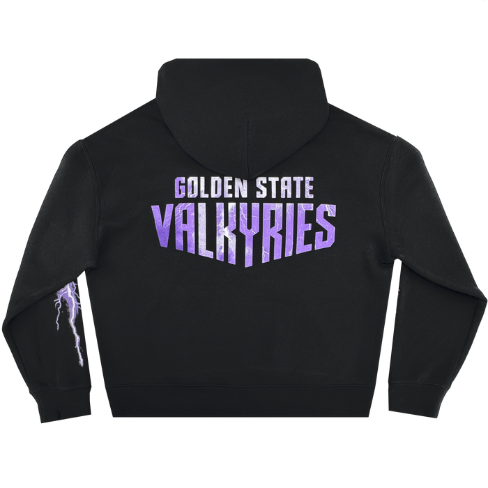The GSV Women's Golden State Valkyries Violet Lightning Hoodie features “GOLDEN STATE VALKYRIES” in bold purple and white gradient letters on the back and a white and light purple lightning bolt on the left sleeve.