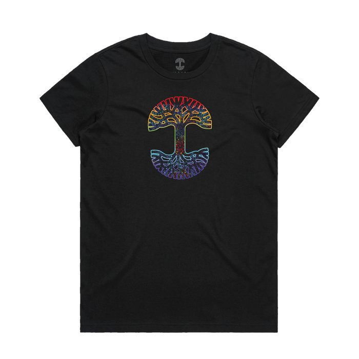 The Women's Prism Tee by Oaklandish is a black, 100% cotton T-shirt featuring a colorful symmetrical tree design with bright rainbow roots and branches. It has a classic fit and is showcased flat on a white background.