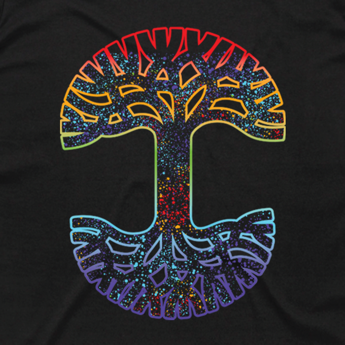 The Women's Prism Tee by Oaklandish features a classic fit logo shirt with a stylized tree design on a black backdrop, showcasing a red, yellow, and blue gradient. Made from 100% cotton, it also boasts branches and roots meeting at the central trunk with a colorful splatter finish.