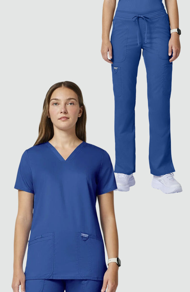 Women's Scrub Set: 3-Pocket V-Neck Stretch Scrub Top & Drawstring Flare Scrub Pant