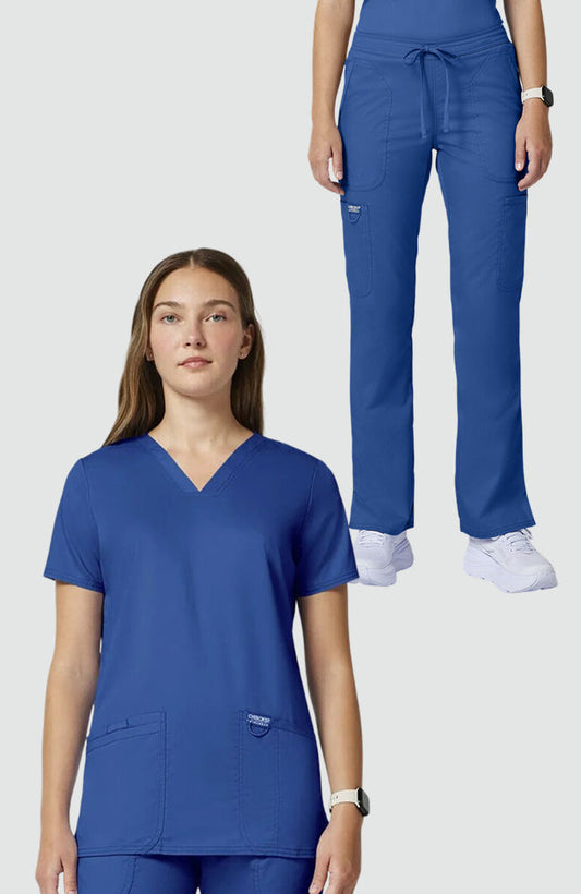 Women's Scrub Set: 3-Pocket V-Neck Stretch Scrub Top & Drawstring Flare Scrub Pant