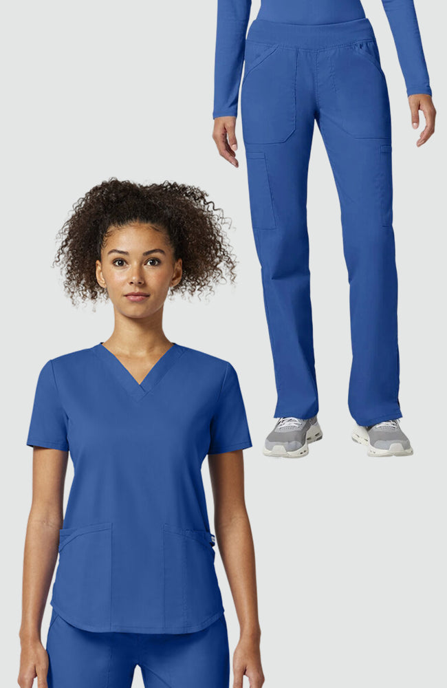 Women's Scrub Set: 4-Pocket Shirttail V-Neck Scrub Top & Rib Knit Waist Cargo Scrub Pant