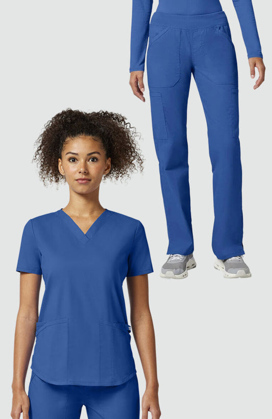 Women's Scrub Set: 4-Pocket Shirttail V-Neck Scrub Top & Rib Knit Waist Cargo Scrub Pant