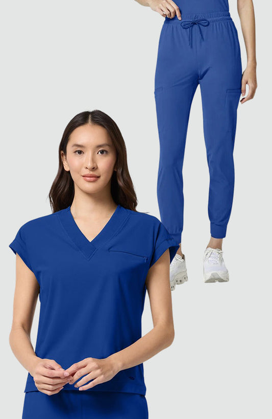 Women's Scrub Set: Dolman Tuck-In V-Neck Scrub Top & 5-Pocket Drawstring Jogger Scrub Pant