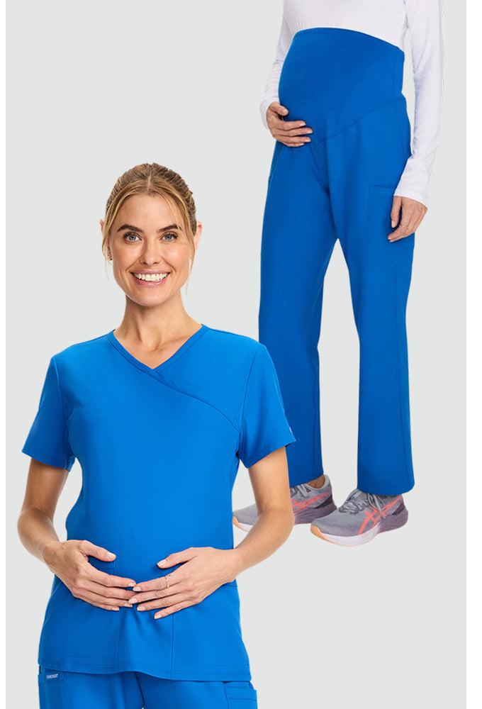 Women's Scrub Set: Maternity 2-Pocket Mock Wrap Scrub Top & Maternity 3-Pocket Straight Leg Scrub Pant