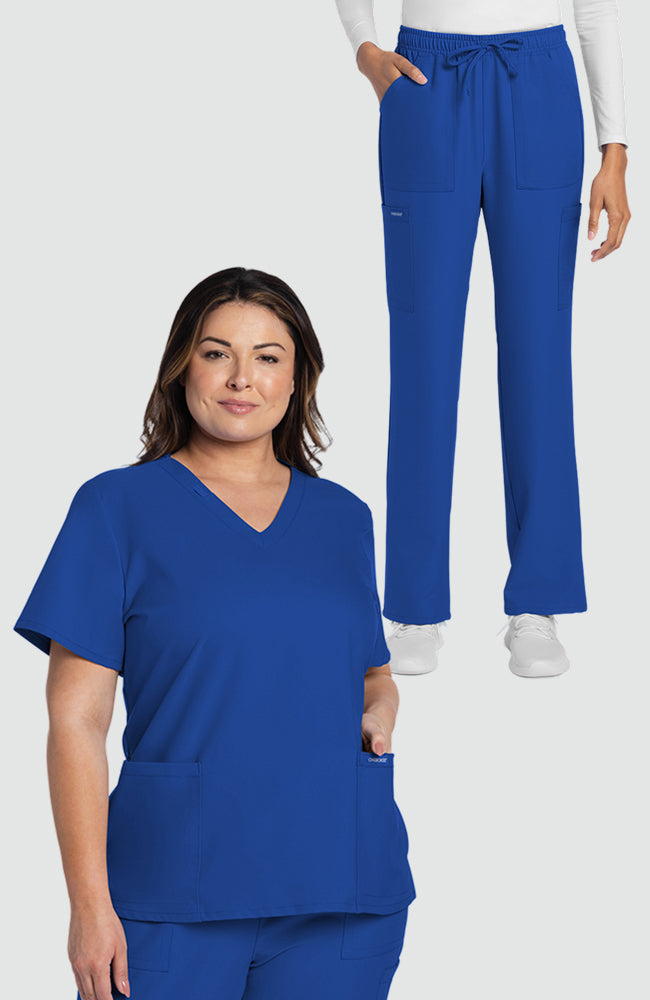 Women's Scrub Set: Rounded V-Neck Scrub Top & Drawstring Cargo Straight Leg Scrub Pant