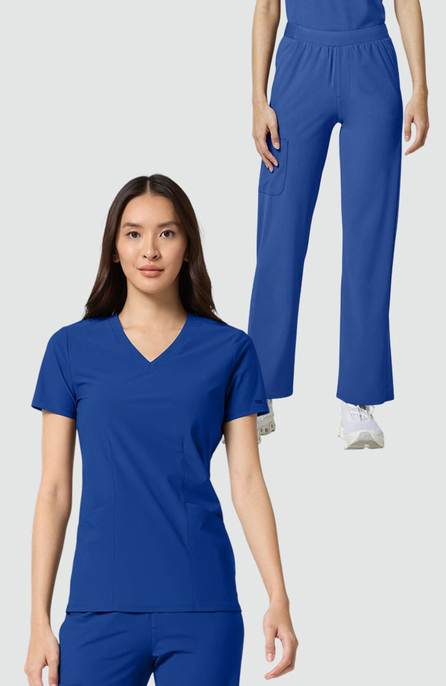 Women's Scrub Set: Shaped 2-Pocket V-Neck Scrub Top & 4-Pocket Interior Drawstring Straight Leg Scrub Pant