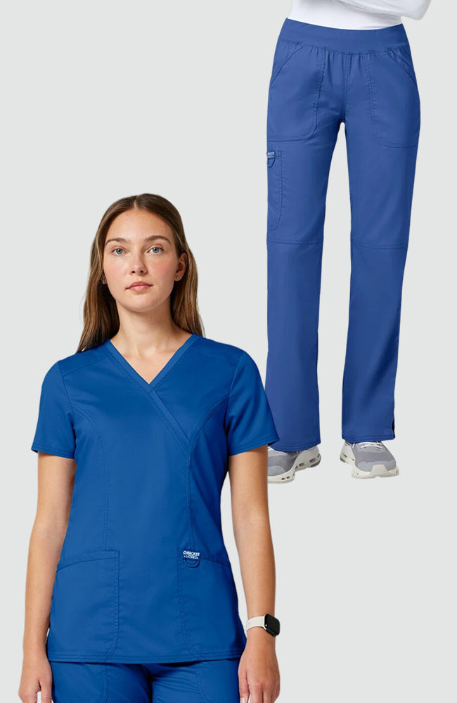 Women's Scrub Set: Shaped 3-Pocket Mock Wrap Scrub Top & Elastic Waist Cargo Pocket Scrub Pant