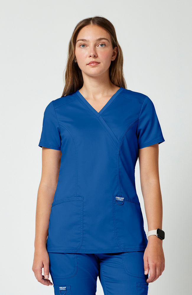Women's Scrub Set: Shaped 3-Pocket Mock Wrap Scrub Top & Elastic Waist Cargo Pocket Scrub Pant