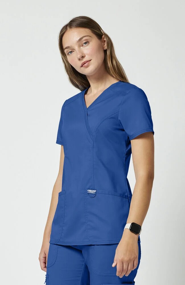 Women's Scrub Set: Shaped 3-Pocket Mock Wrap Scrub Top & Elastic Waist Cargo Pocket Scrub Pant