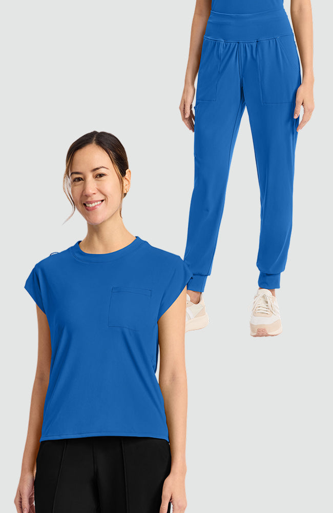 Women's Scrub Set: Tuck-In Chest Pocket Crew Neck Scrub Top & 5-Pocket Pull-On Jogger Scrub Pant
