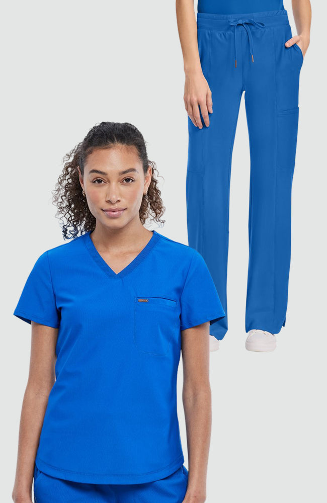 Women's Scrub Set: Tuck-In Knit Mesh V-Neck Scrub Top & 5-Pocket Trouser Scrub Pant