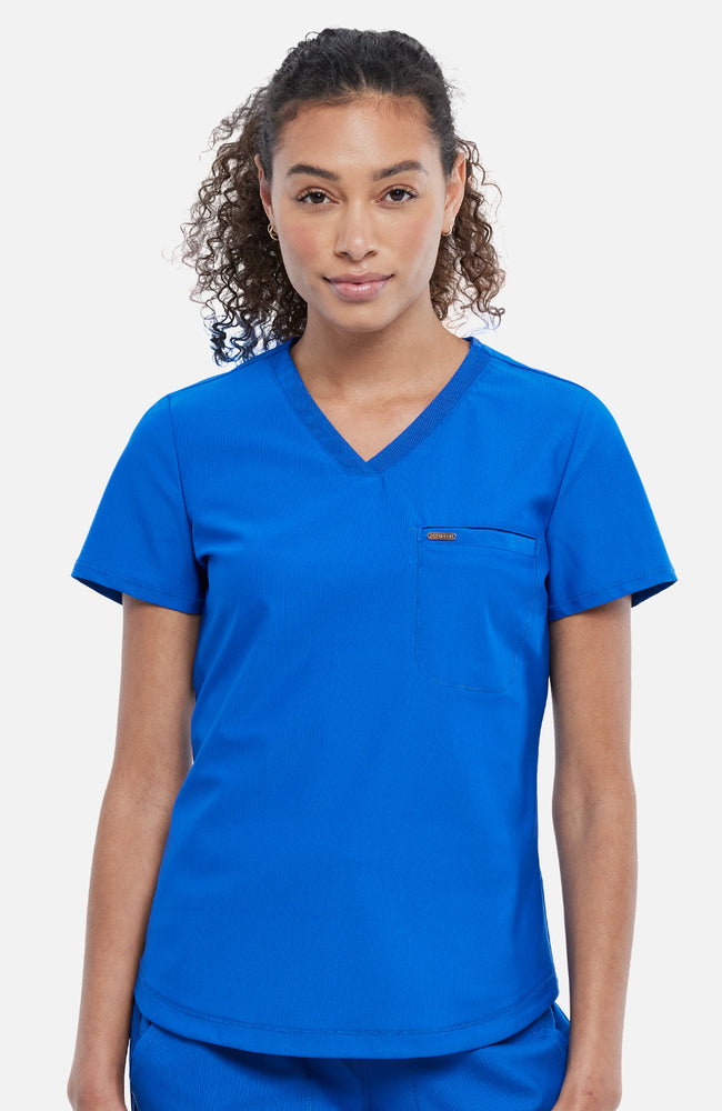 Women's Scrub Set: Tuck-In Knit Mesh V-Neck Scrub Top & 5-Pocket Trouser Scrub Pant