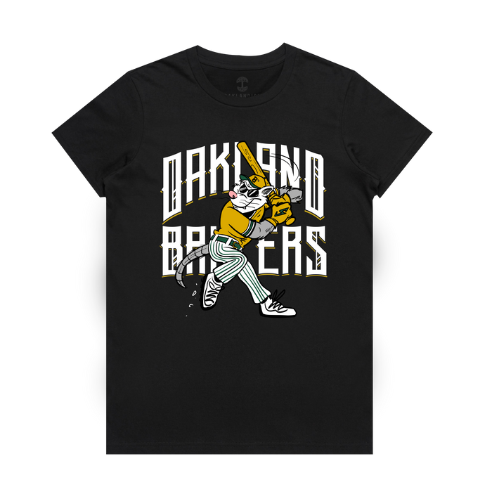 The Women’s Slugging Scrappy Tee by Other showcases a cartoon tiger wearing a yellow jersey and striped pants, swinging a matching yellow bat. Bold white “OAKLAND BATTERS” text with gold accents appears behind the tiger in an athletic font—perfect for showing your spirit like Scrappy the Rally Possum! Set against a plain white background.