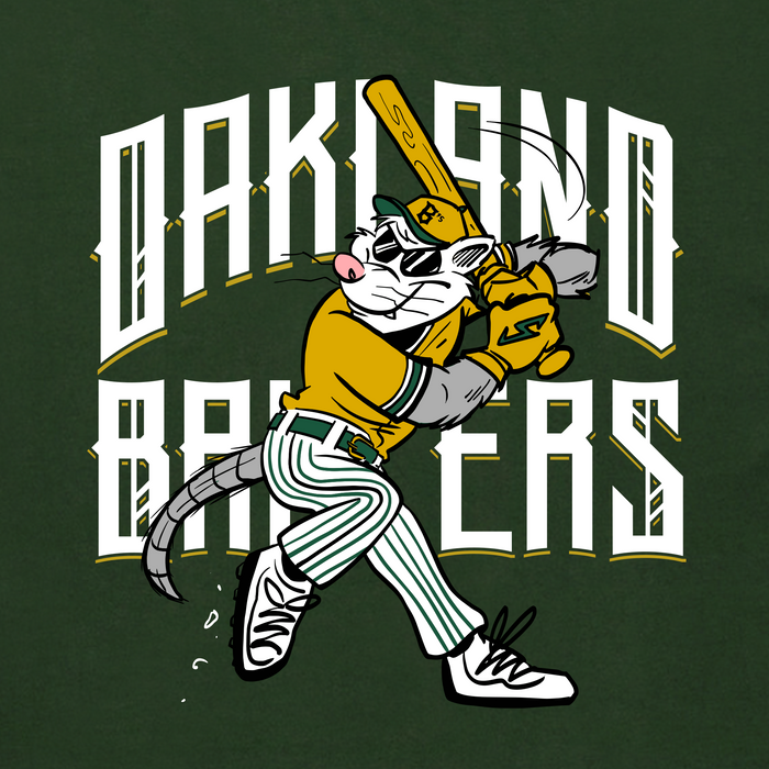 Sure! Here’s a rewritten sentence using your product data: The Women’s Slugging Scrappy Tee by Other features a lively cartoon rat inspired by Scrappy the Rally Possum—the beloved Oakland Ballers mascot—sporting a yellow baseball uniform, sunglasses, and green-striped pants as it swings a bat with energy. Bold white “OAKLAND BAKERS” lettering in a stylized font stands out against the dark green background, celebrating the spirit of Oakland’s professional baseball team.