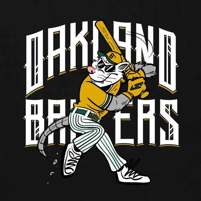 Clad in a yellow baseball uniform and cap, a cartoon rat inspired by Scrappy the Rally Possum takes a determined swing on the Women’s Slugging Scrappy Tee by Other. With green-striped pants, yellow gloves, and its tail curled behind mid-swing, this mascot exudes team spirit beneath bold white “OAKLAND BAKERS” lettering—perfect for fans of the Oakland Ballers.