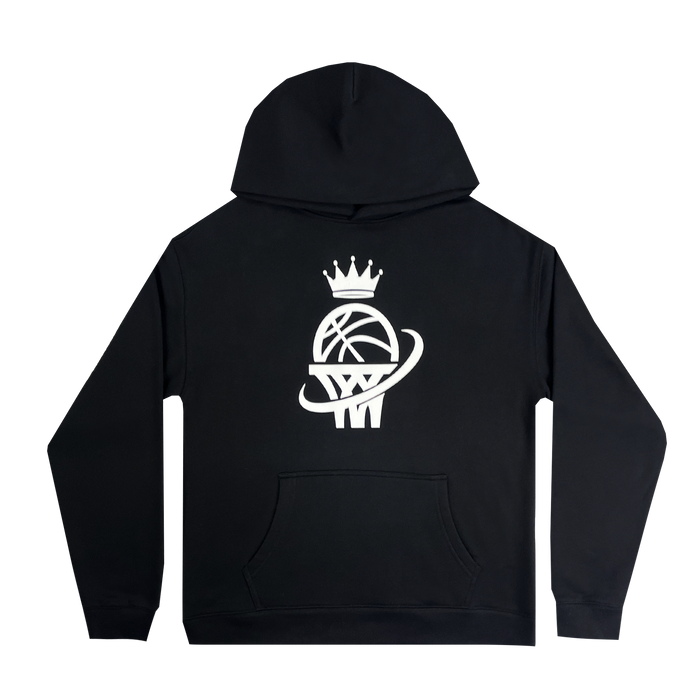 The WPBA Core Hoodie by Oaklandish is a black hoodie featuring a striking, large white logo on the back, representing the Women's Premier Basketball Association with its crowned basketball and overlapping hoop design. It includes a front pouch pocket and a drawstring hood, making it perfect for showing support for women's sports.