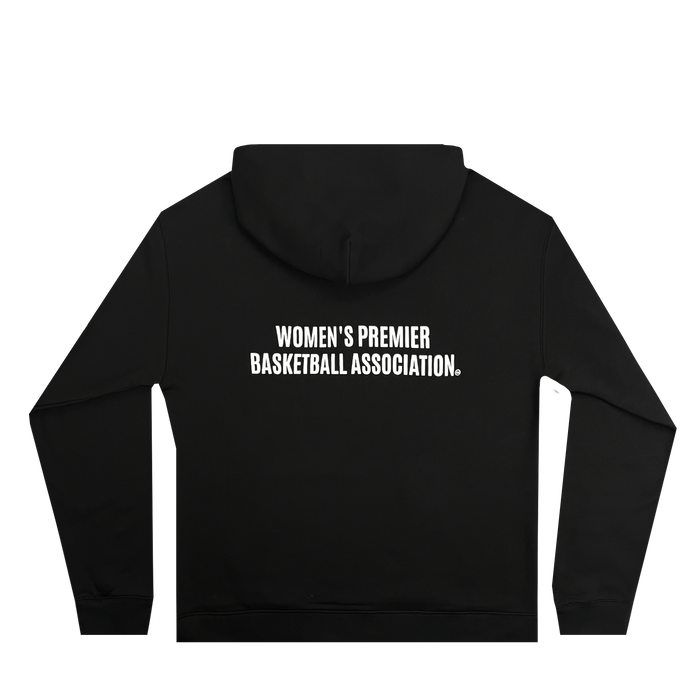 A black WPBA Core Hoodie from Oaklandish is displayed from the back. "Women's Premier Basketball Association" is printed in bold white capital letters on the back, centered below the hood. The hoodie features long sleeves and a casual design, perfect for women's sports or leisurewear, radiating empowerment.