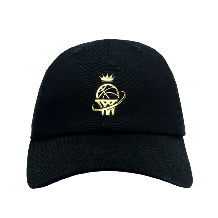 Introducing the WPBA Dad Hat by Oaklandish: a black baseball cap featuring a gold embroidered design on the front. This stylish accessory showcases a stylized basketball with a crown on top, encircled by an orbit-like ring, exuding empowerment. Perfect for fans of the Women's Premier Basketball Association, it includes a curved brim and six panels with small ventilation holes for added comfort.