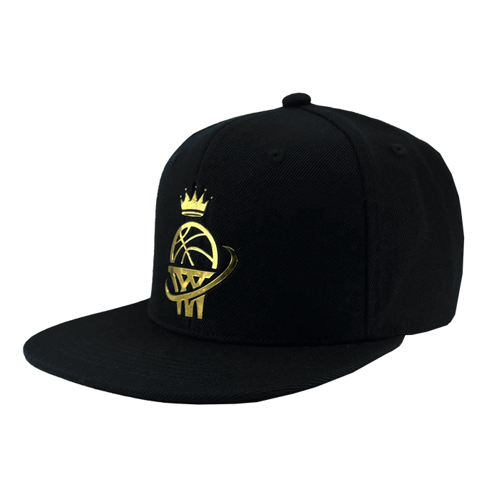 Side angled view of a black snapback hat  with gold WPBA logo on the front crown.