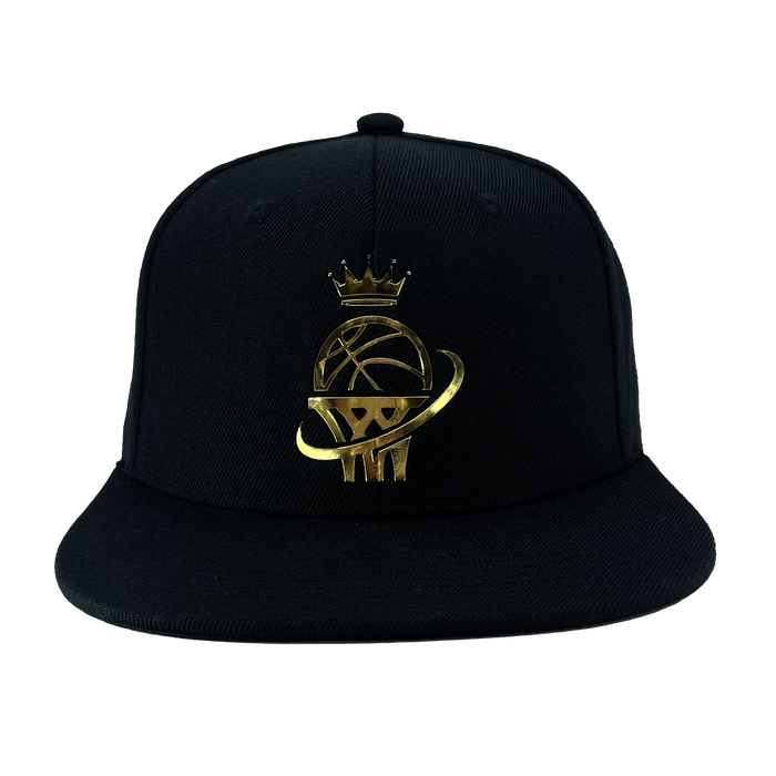 Front view of a black snapback hat with gold WPBA logo on the front crown.