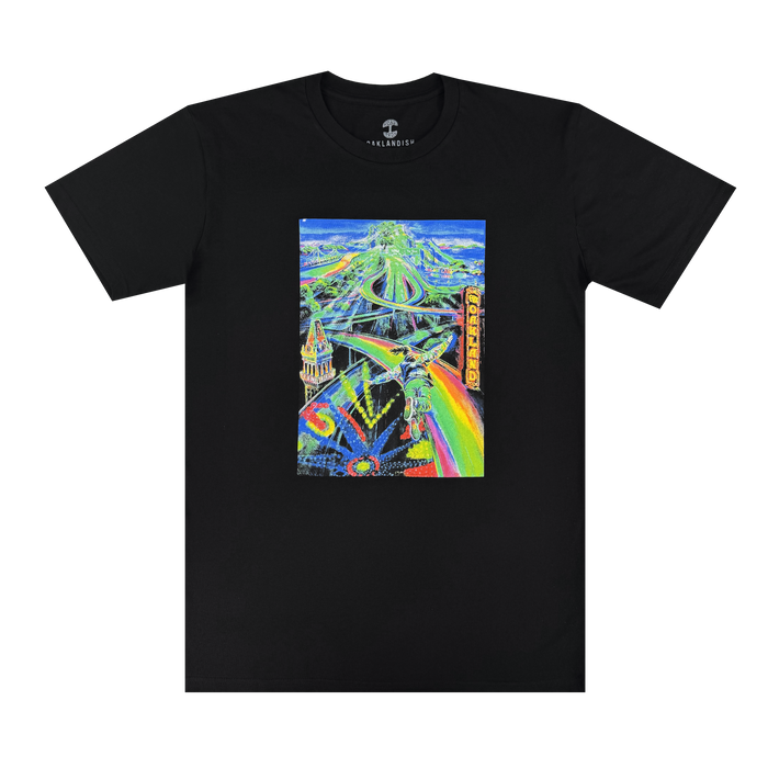 The Yay Area Tee by Other is a black T-shirt showcasing a vibrant, psychedelic illustration of a futuristic cityscape with highways, a rainbow path, and geometric buildings—drawing inspiration from Oakland’s dynamic painter and muralist community. The design features the word “OFFWORLD” displayed vertically along the right side of the graphic.