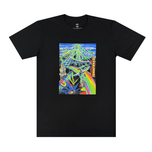 The Yay Area Tee by Other is a black T-shirt showcasing a vibrant, psychedelic illustration of a futuristic cityscape with highways, a rainbow path, and geometric buildings—drawing inspiration from Oakland’s dynamic painter and muralist community. The design features the word “OFFWORLD” displayed vertically along the right side of the graphic.