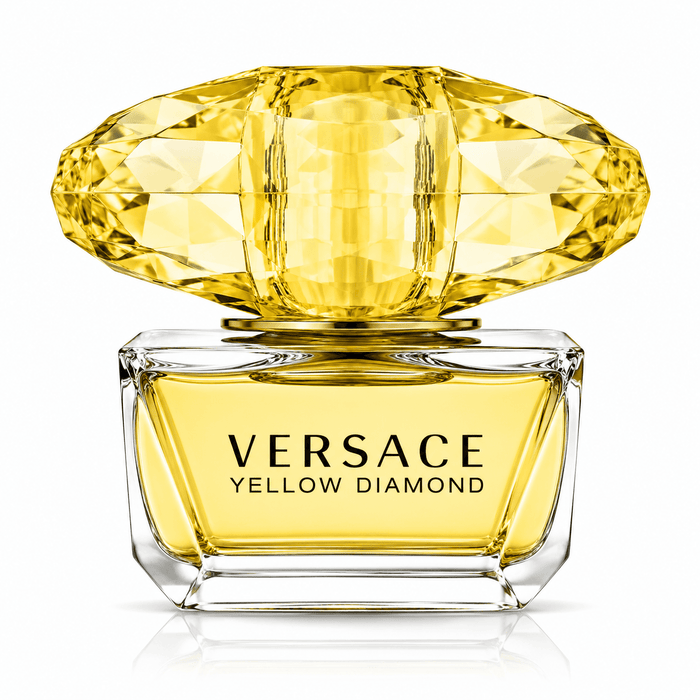 versace yellow diamond eau de toilette in a clear glass bottle with pale yellow fragrance and a faceted jewel-like cap