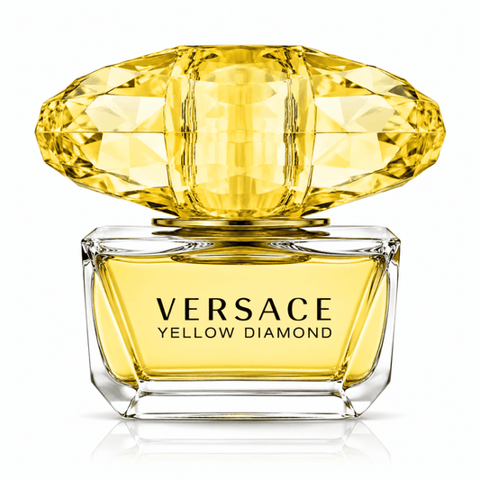 versace yellow diamond eau de toilette in a clear glass bottle with pale yellow fragrance and a faceted jewel-like cap