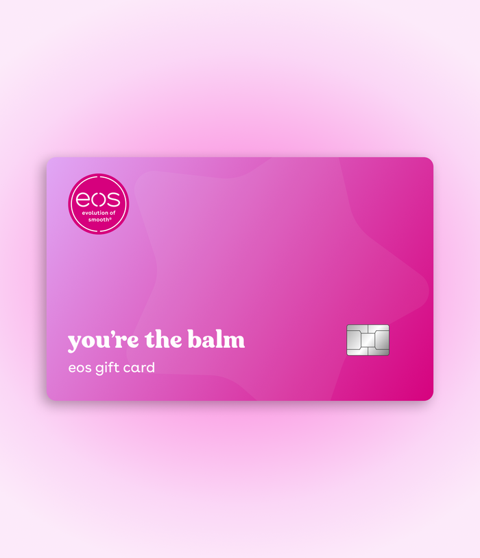 Pink gift card with 'eos' logo and text on a pink background