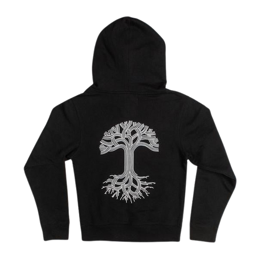 The Youth Classic Hoodie from Oaklandish is a kids' size black hoodie, featuring a white tree design on the back with intricate branches and roots forming a symmetrical pattern. Designed for Oakland's youngsters, it comes with long sleeves and a hood, laid flat against a plain white background to highlight the design.