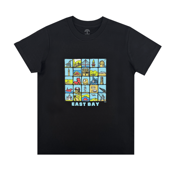 The Oaklandish Youth East Bay Landmark Tee is a black t-shirt with a colorful grid of iconic East Bay landmarks and nature scenes, plus "EAST BAY" in bold white letters—perfect for young Bay Area fans.