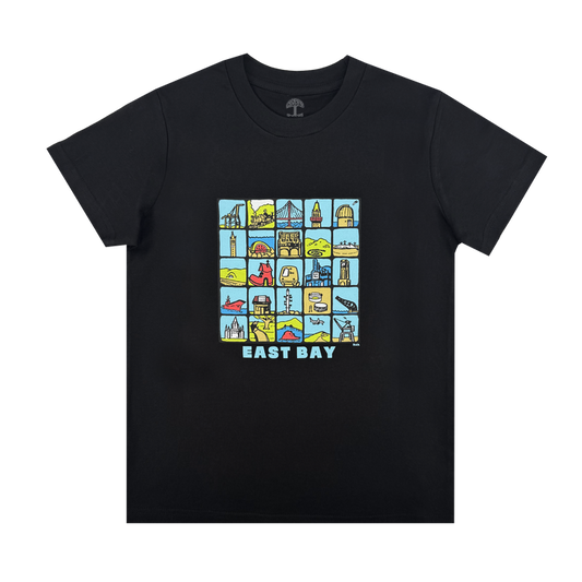 The Oaklandish Youth East Bay Landmark Tee is a black t-shirt with a colorful grid of iconic East Bay landmarks and nature scenes, plus "EAST BAY" in bold white letters—perfect for young Bay Area fans.