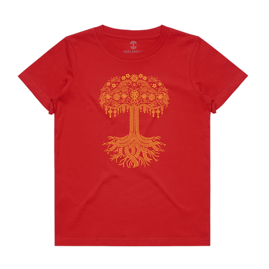 The Oaklandish Youth Fire Horse Tee is a vibrant red 100% cotton shirt featuring a bold yellow-orange tree bursting with floral and geometric patterns and wide, artistic roots on the front.