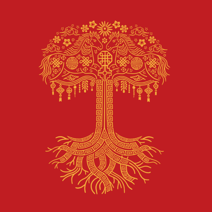 The Oaklandish Youth Fire Horse Tee features a gold ornamental tree with roots and branches, mirrored horses, flowers, and lanterns in a festive East Asian-inspired design printed on soft red 100% cotton.