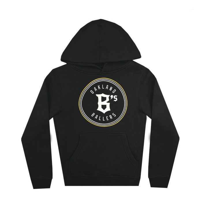 The Youth Oakland Ballers Logo Hoodie by Oakland Ballers is a black hoodie featuring a white circular design displaying "OAKLAND BALLERS". The front showcases a white and yellow ring that encloses a stylized black letter 'B' with the number '45' partially embedded in white. Equipped with a front pocket and drawstring hood, it's perfect for showing support for your favorite professional baseball team.