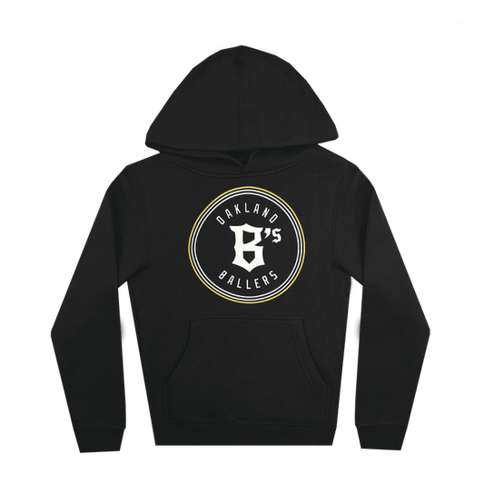 The Youth Oakland Ballers Logo Hoodie by Oakland Ballers is a black hoodie featuring a white circular design displaying "OAKLAND BALLERS". The front showcases a white and yellow ring that encloses a stylized black letter 'B' with the number '45' partially embedded in white. Equipped with a front pocket and drawstring hood, it's perfect for showing support for your favorite professional baseball team.