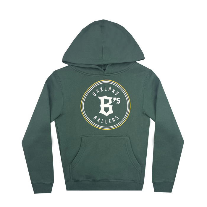 Presenting the Youth Oakland Ballers Logo Hoodie—a dark green hoodie featuring a front pocket and a drawstring hood. The graphic on the front showcases a stylized “B” in white, encircled by the text “Oakland Ballers” and “95,” with all letters and numbers in white and the circle outline in light yellow—perfect for showcasing your love for this professional baseball team.