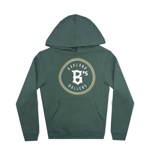Presenting the Youth Oakland Ballers Logo Hoodie—a dark green hoodie featuring a front pocket and a drawstring hood. The graphic on the front showcases a stylized “B” in white, encircled by the text “Oakland Ballers” and “95,” with all letters and numbers in white and the circle outline in light yellow—perfect for showcasing your love for this professional baseball team.
