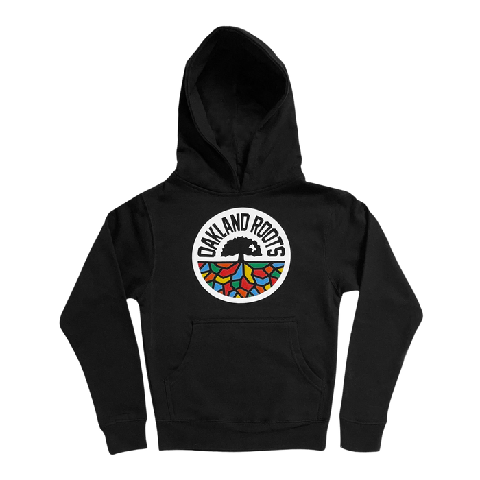 An Oakland Roots SC youth pullover hoodie in black, featuring a front pocket. The hoodie showcases a circular tree logo with vibrant, colorful roots and the text "OAKLAND ROOTS," embodying its Oaklandish design.