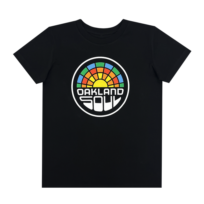 Youth Oakland Soul Logo Tee from Oakland Soul: This black T-shirt showcases a vibrant, semi-circular graphic design at the center with segments in green, orange, yellow, and blue. Below the eye-catching graphic, "OAKLAND SOUL" is prominently displayed in bold, white letters. Show your support for women's soccer and the USL W-League with this striking tee.
