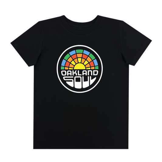 Youth Oakland Soul Logo Tee from Oakland Soul: This black T-shirt showcases a vibrant, semi-circular graphic design at the center with segments in green, orange, yellow, and blue. Below the eye-catching graphic, "OAKLAND SOUL" is prominently displayed in bold, white letters. Show your support for women's soccer and the USL W-League with this striking tee.