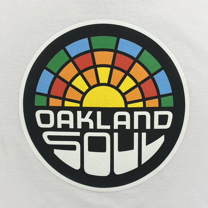 The Youth Oakland Soul Logo Tee features a vibrant circular logo showcasing a stylized sunrise with rays in red, green, orange, blue, and yellow that transition into black. Below the sunrise, "OAKLAND SOUL" is displayed prominently in bold, white geometric typography against the contrasting black background. This dynamic design embodies Oakland Soul's dedication to women's soccer in the USL W-League.