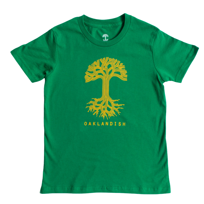 Introducing the Youth Oaklandish Classic Logo Tee by Oaklandish: This Kelly green t-shirt for kids features a striking yellow stylized tree design at its center, with interconnected branches and roots. The word "OAKLANDISH" is printed below the tree in bold yellow capital letters. Crafted from 100% cotton, this tee has a round neckline and short sleeves, showcased against a white backdrop.